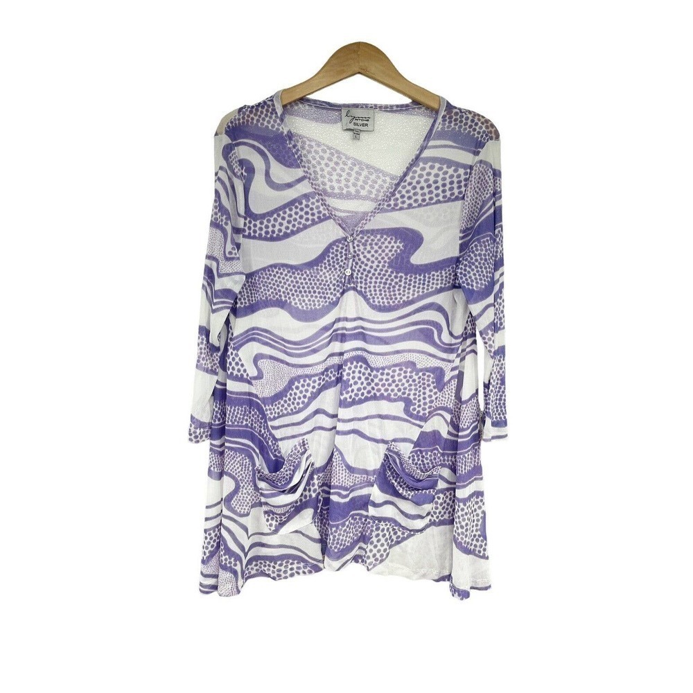 LYNN Ritchie Silver Purple White Shark bite Hem Mesh Sheer Top Womens‎ Large